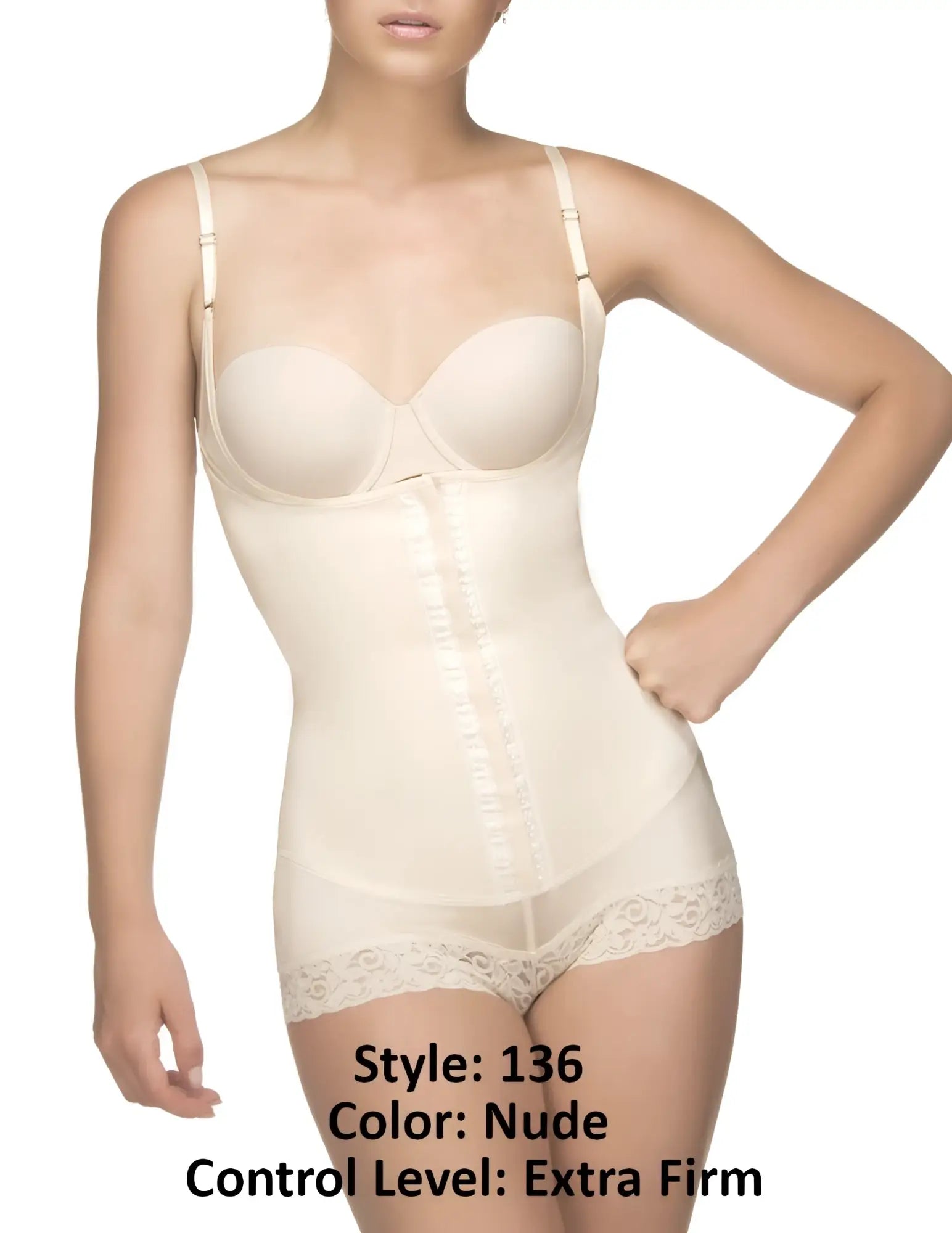 Nude-colored vedette 136 megane open bust bodysuit with extra-firm shaping lace trim waistband and adjustable straps