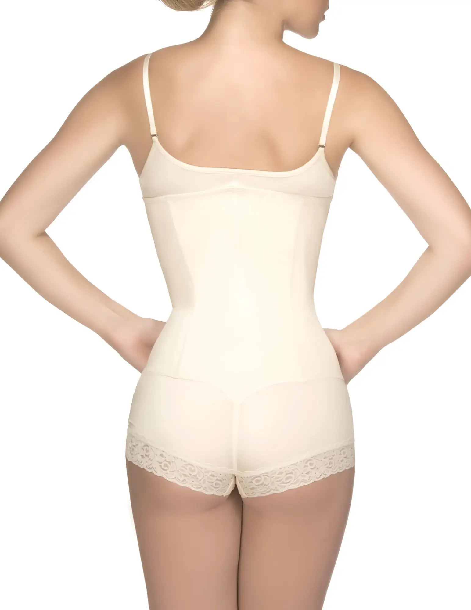 Cream-colored vedette 136 megane open bust bodysuit seamless body shaper with delicate lace trim at the waistband