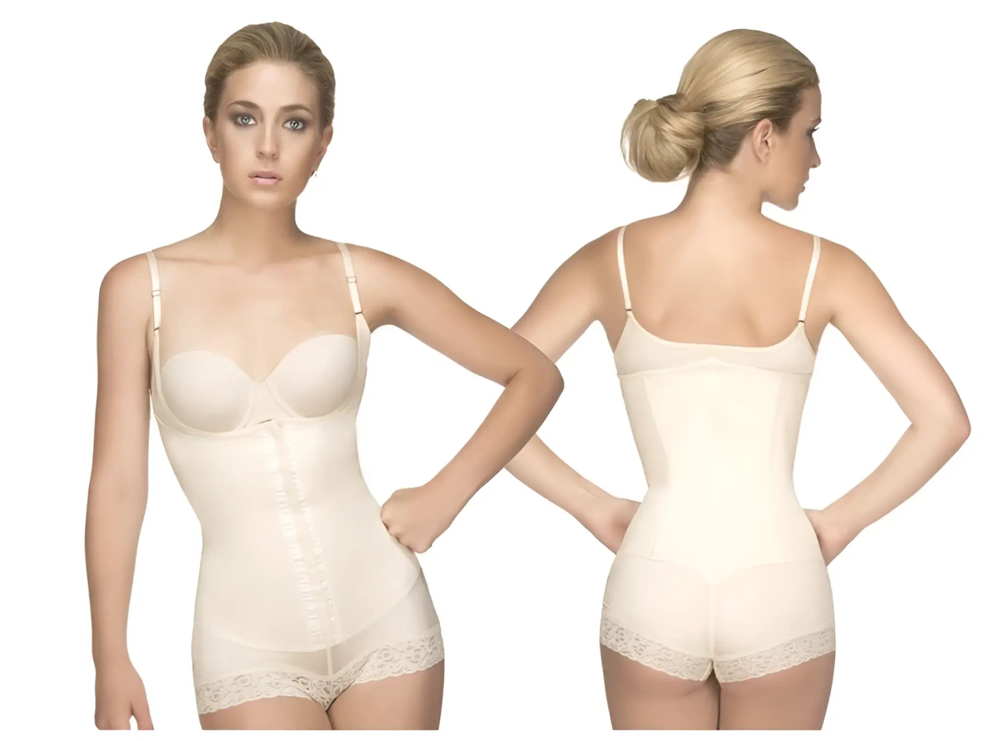 Vedette 136 megane open bust bodysuit nude color cream lace trim adjustable straps front zipper body shaper