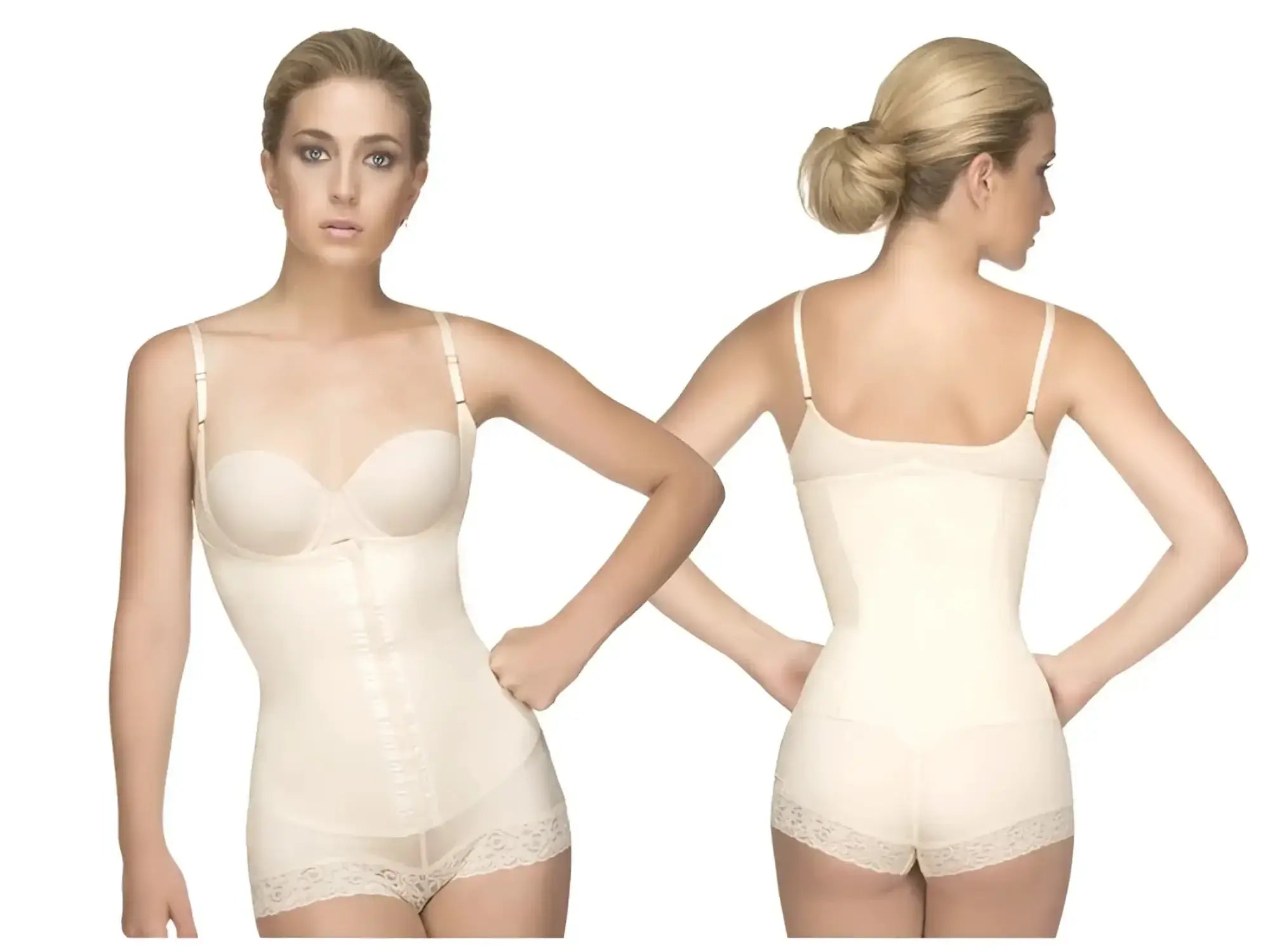Vedette 136 megane open bust bodysuit nude color cream lace trim adjustable straps front zipper body shaper