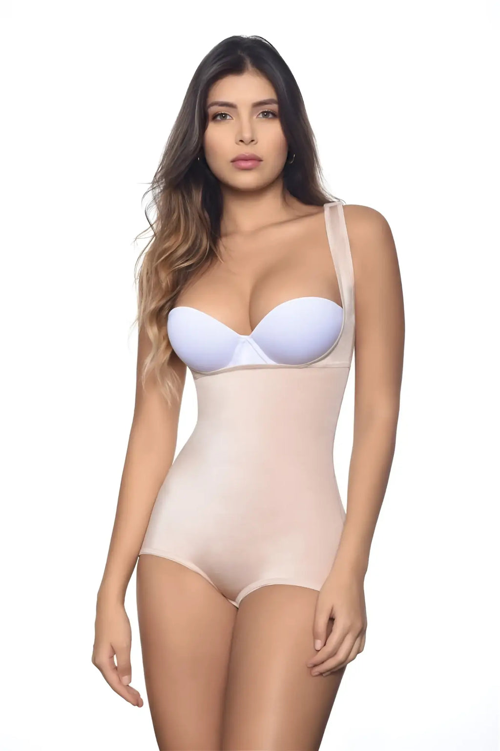 A light blue seamless underwire bra paired with vedette 138 lillian high-back nude bodycon shapewear bodysuit