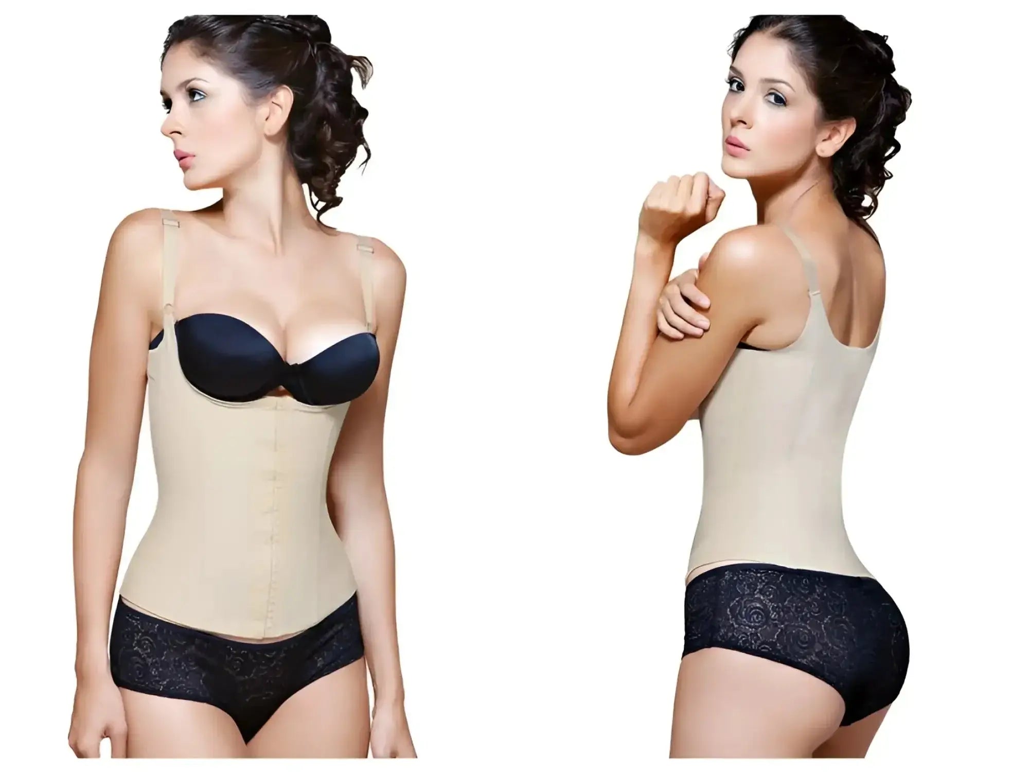 Beige vedette 200 renee latex underbust waist cincher with black lace trim and matching black bra cup in nude color