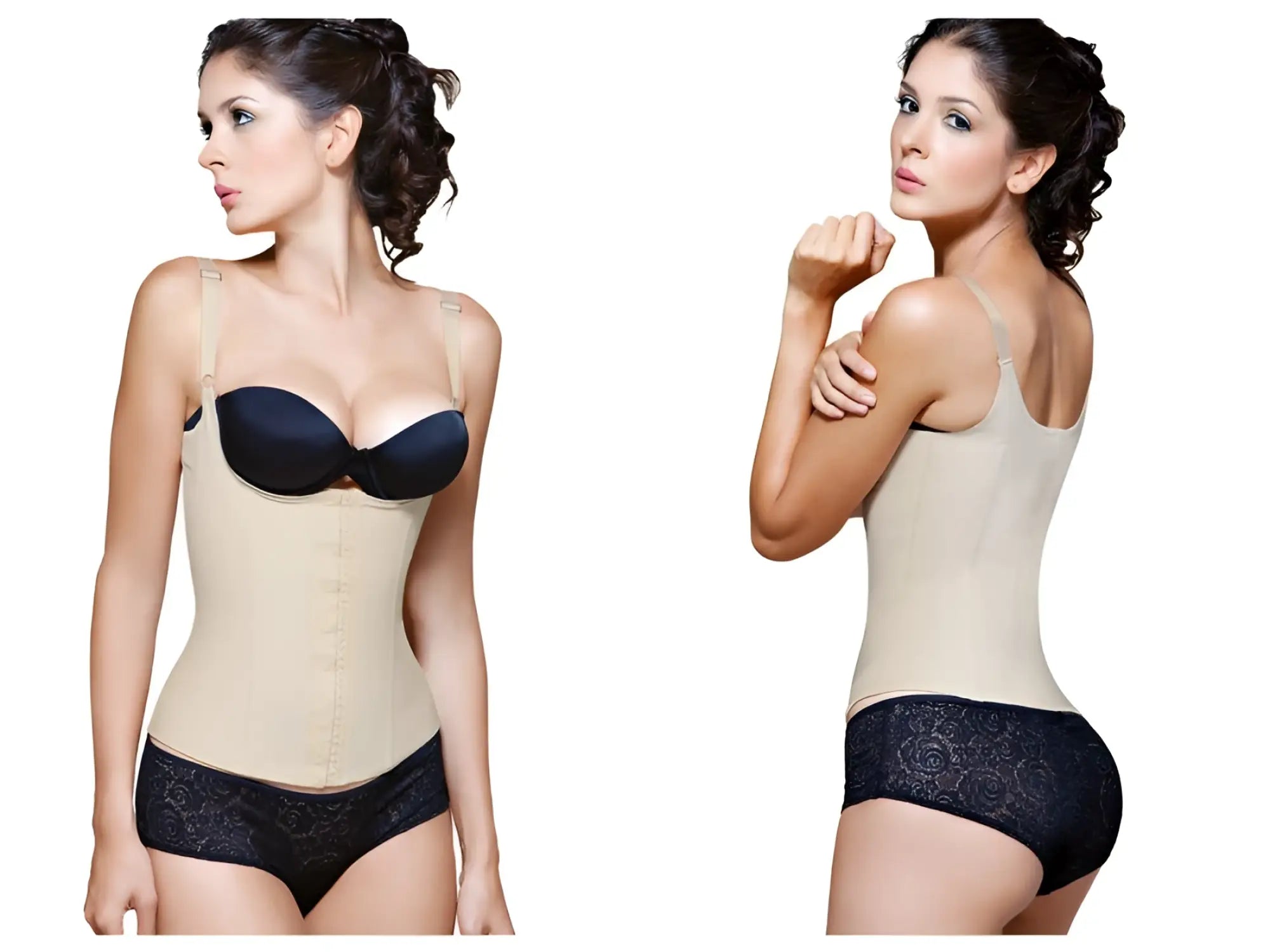 Beige vedette 200 renee latex underbust waist cincher with black lace trim and matching black bra cup in nude color