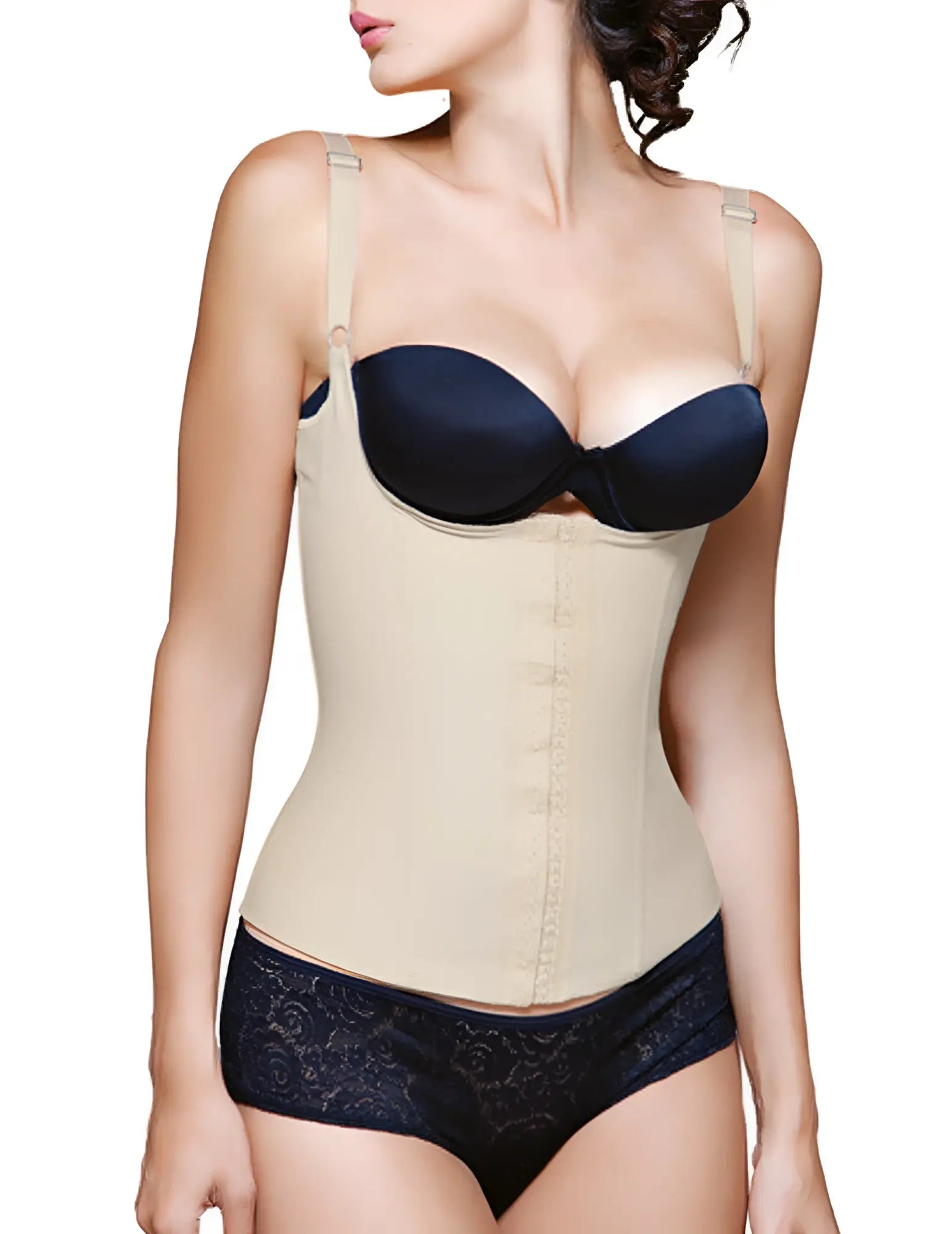 Beige vedette 200 renee latex underbust waist cincher with satin finish and adjustable straps in nude color