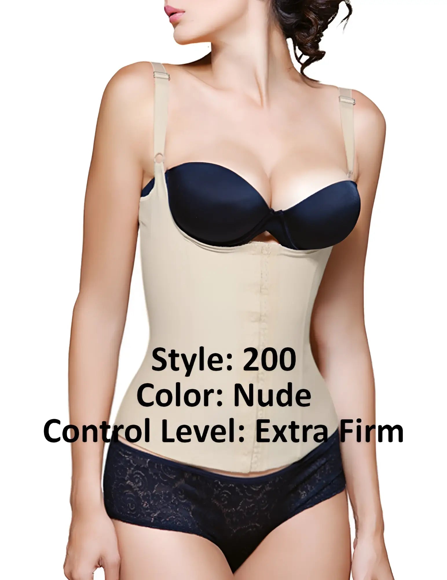 Vedette 200 renee nude latex underbust waist cincher with extra firm fit, adjustable straps, and black satin bra cup