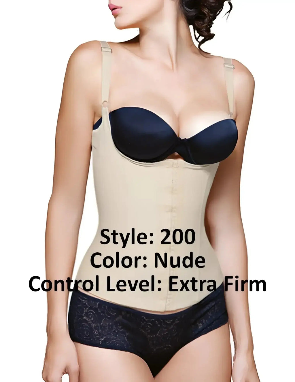 Vedette 200 renee nude latex underbust waist cincher with extra firm fit, adjustable straps, and black satin bra cup