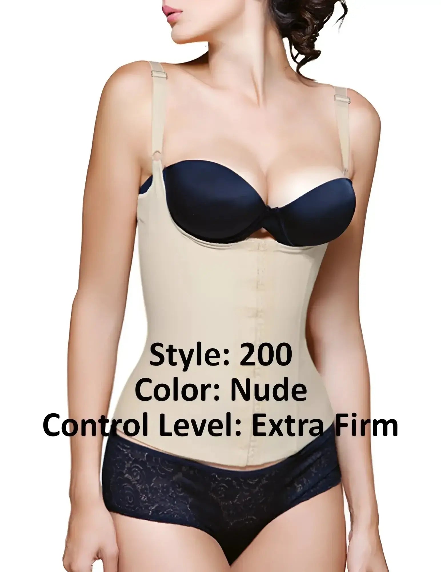 Vedette 200 renee nude latex underbust waist cincher with extra firm fit, adjustable straps, and black satin bra cup
