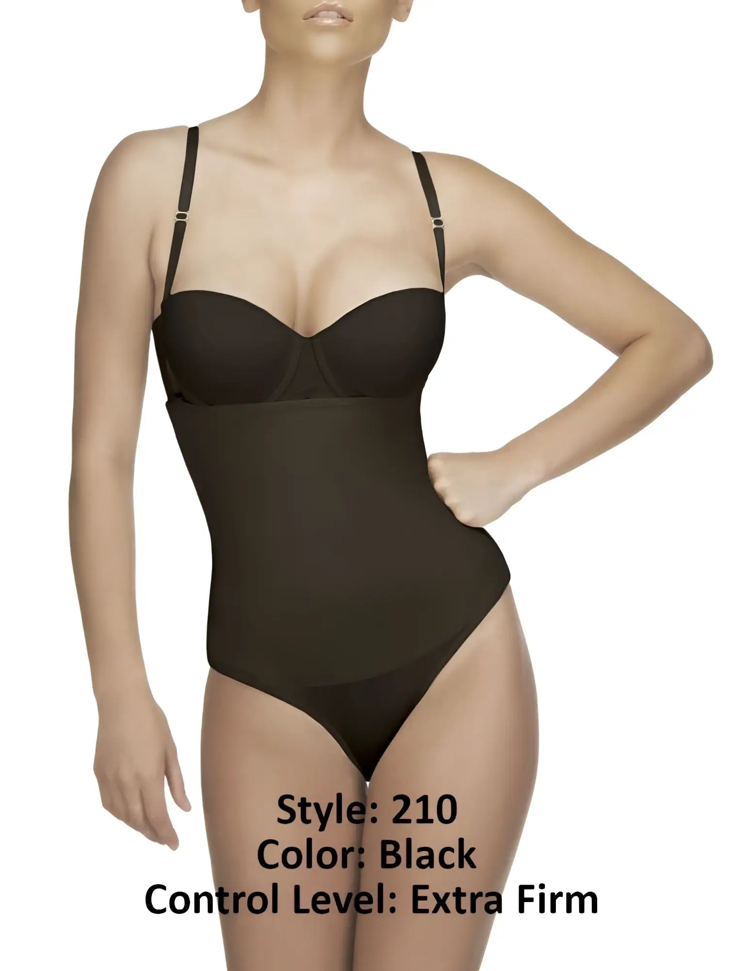 Black Vedette 210 Nadine strapless bodysuit in bikini color with extra firm control seamless design and thin straps