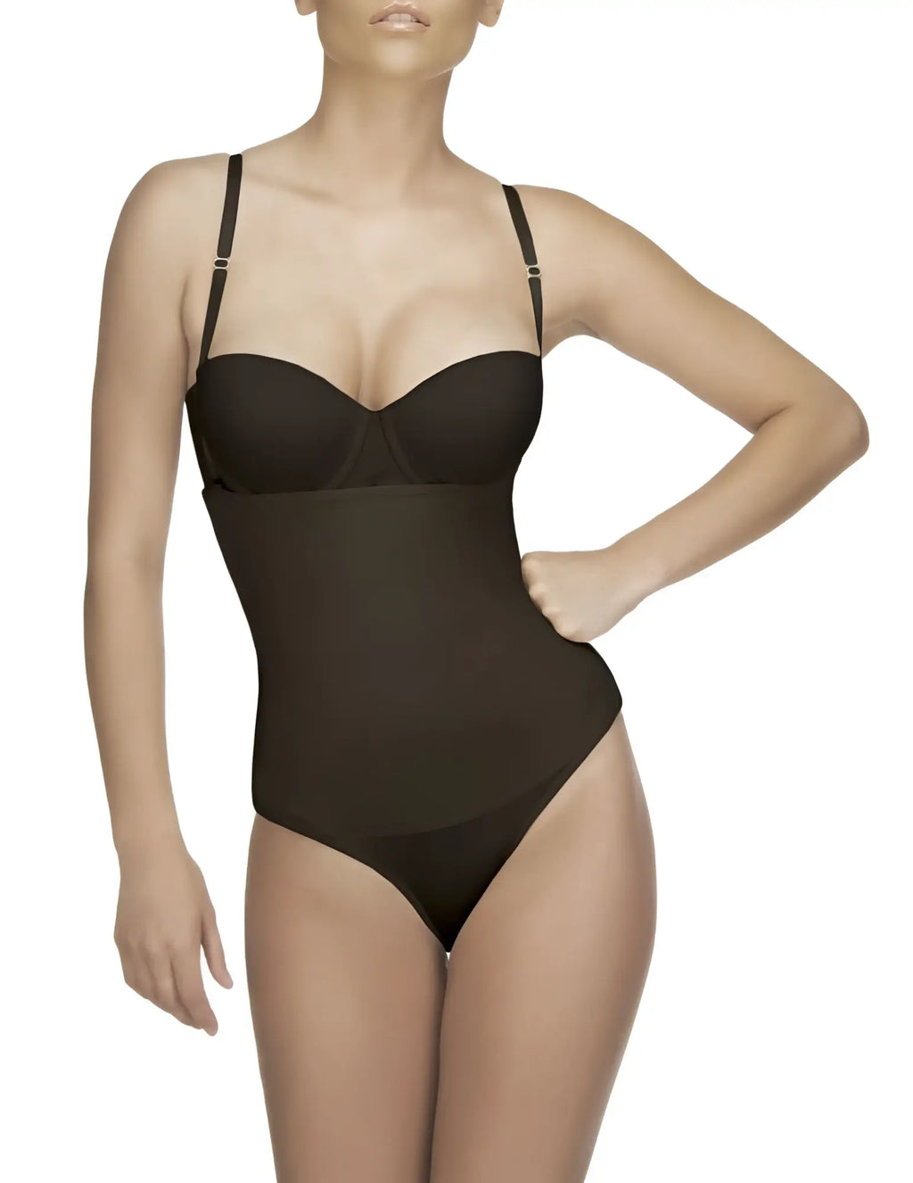 Black seamless bodycon Vedette 210 Nadine strapless bodysuit with thin adjustable straps in bikini color black