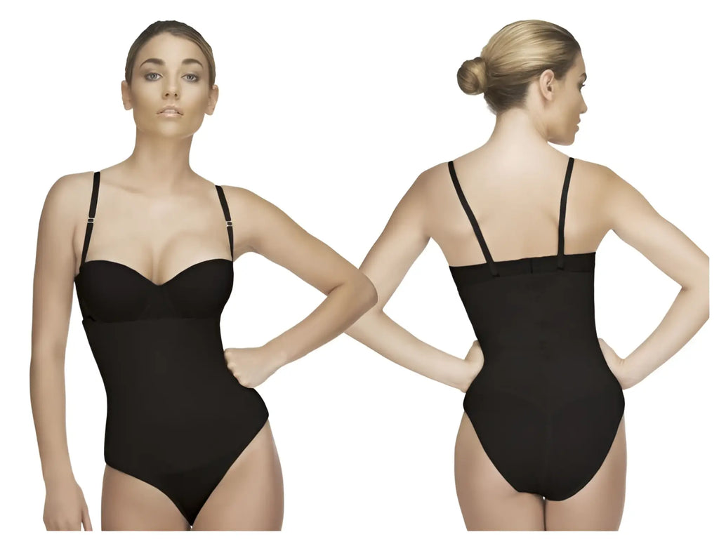Black seamless Vedette 210 Nadine strapless bodysuit with thin straps and a flattering form-fitting design