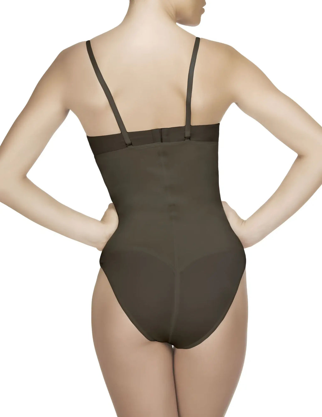 Vedette 210 Nadine strapless bodysuit in bikini black with a sleek dark olive bodycon design and thin black straps