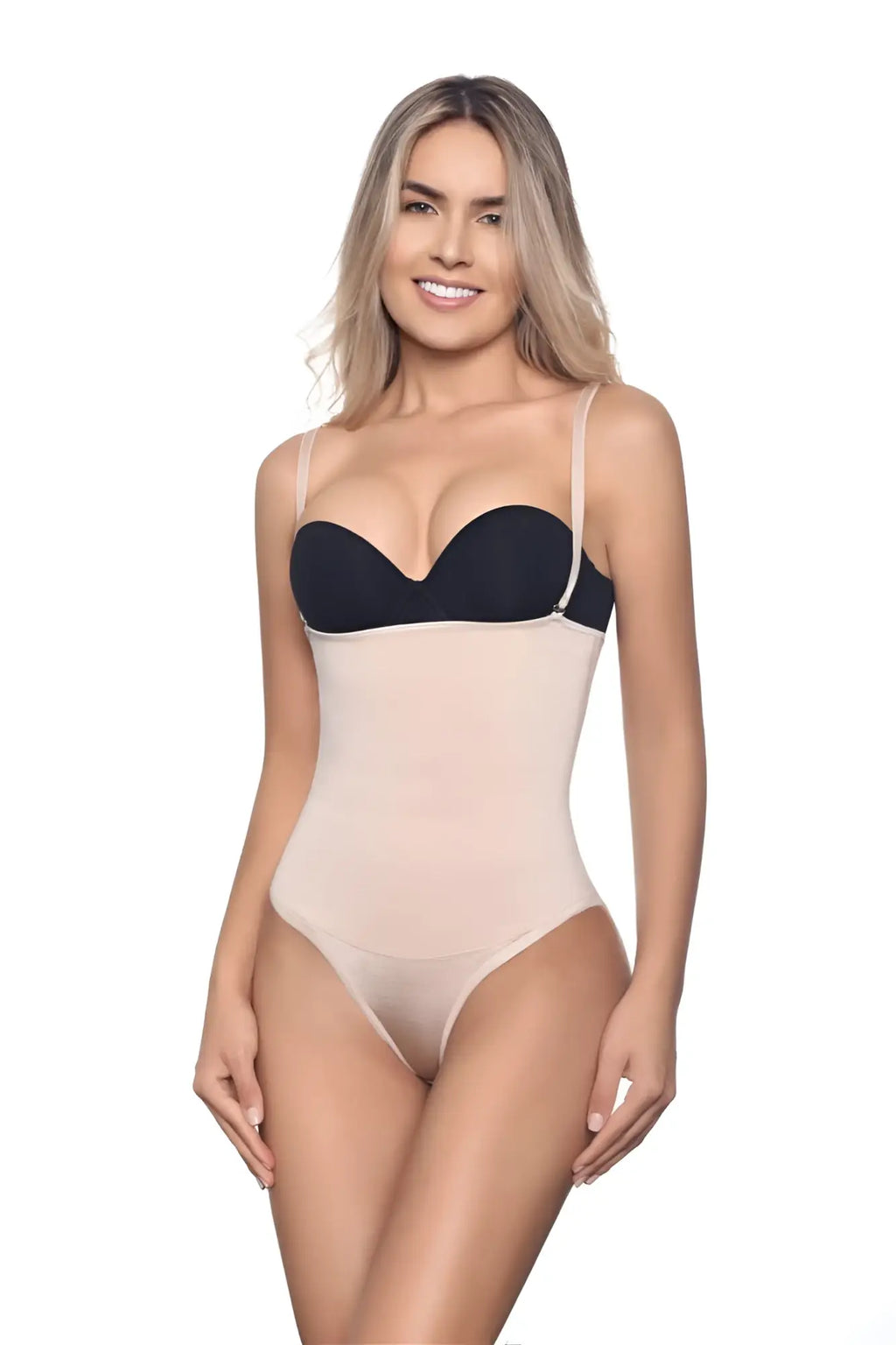 Beige and black underwire bra with thin straps part of vedette 210 nadine strapless bodysuit in bikini color nude