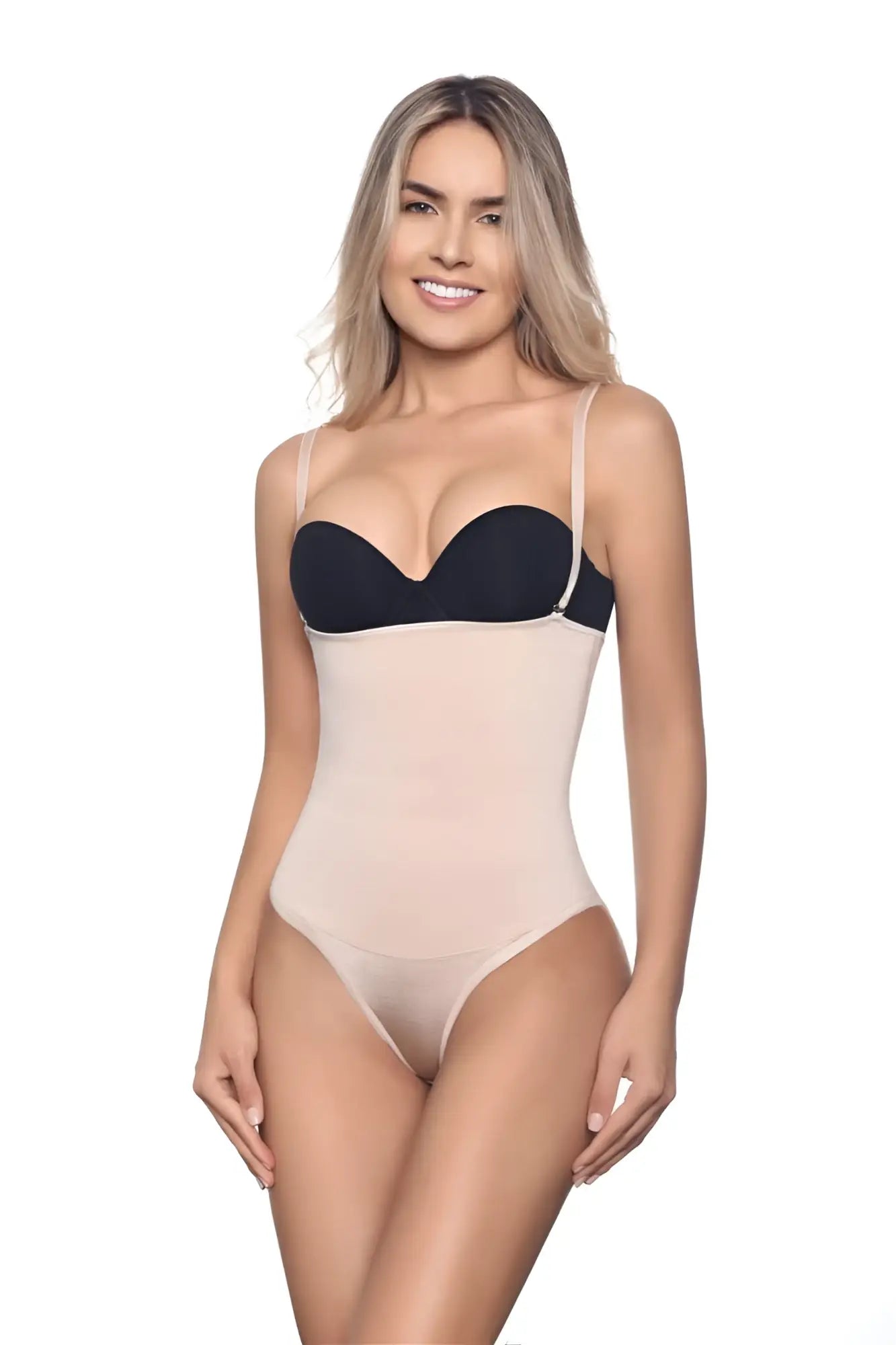 Beige and black underwire bra with thin straps part of vedette 210 nadine strapless bodysuit in bikini color nude