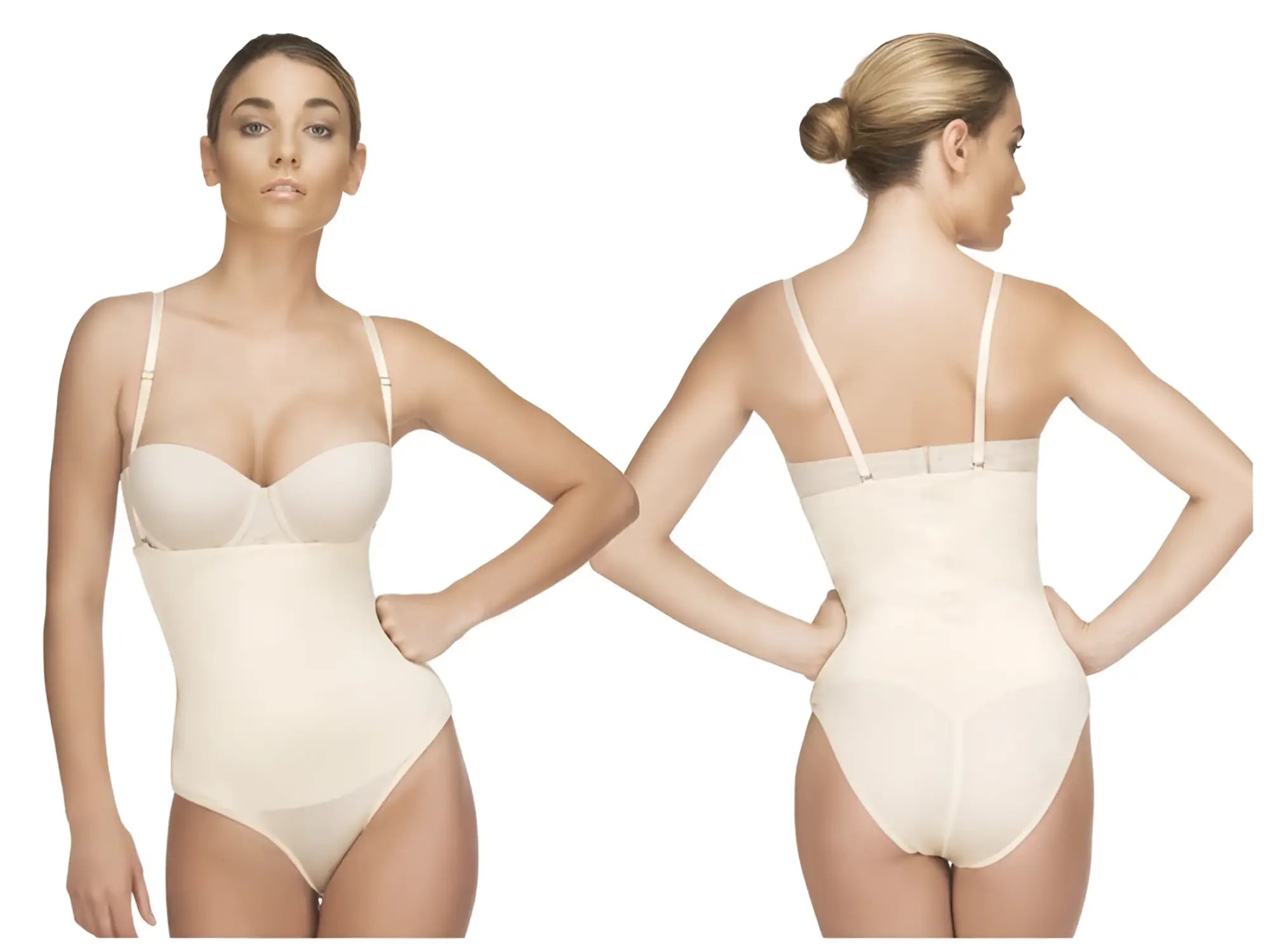 Beige Vedette 210 Nadine strapless bodysuit in bikini nude with thin straps and smooth seamless body shaper design