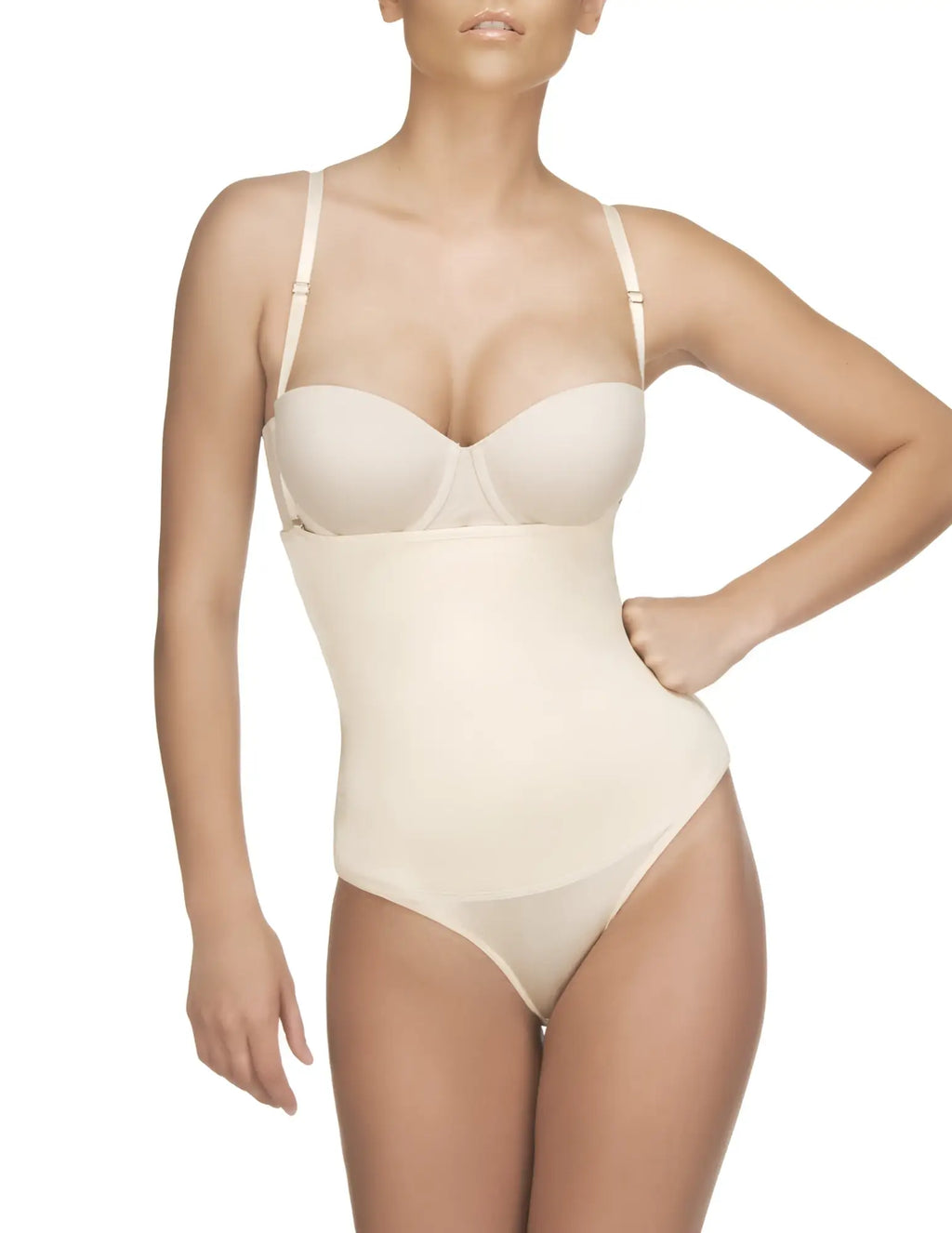 Beige seamless vedette 210 nadine strapless bodysuit with thin adjustable straps and smooth form-fitting design