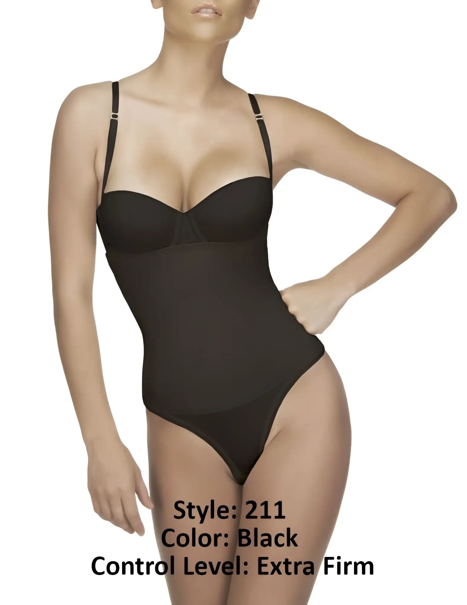 Vedette 211 Nadine black extra firm control strapless thong bodysuit with thin straps and smooth fabric finish