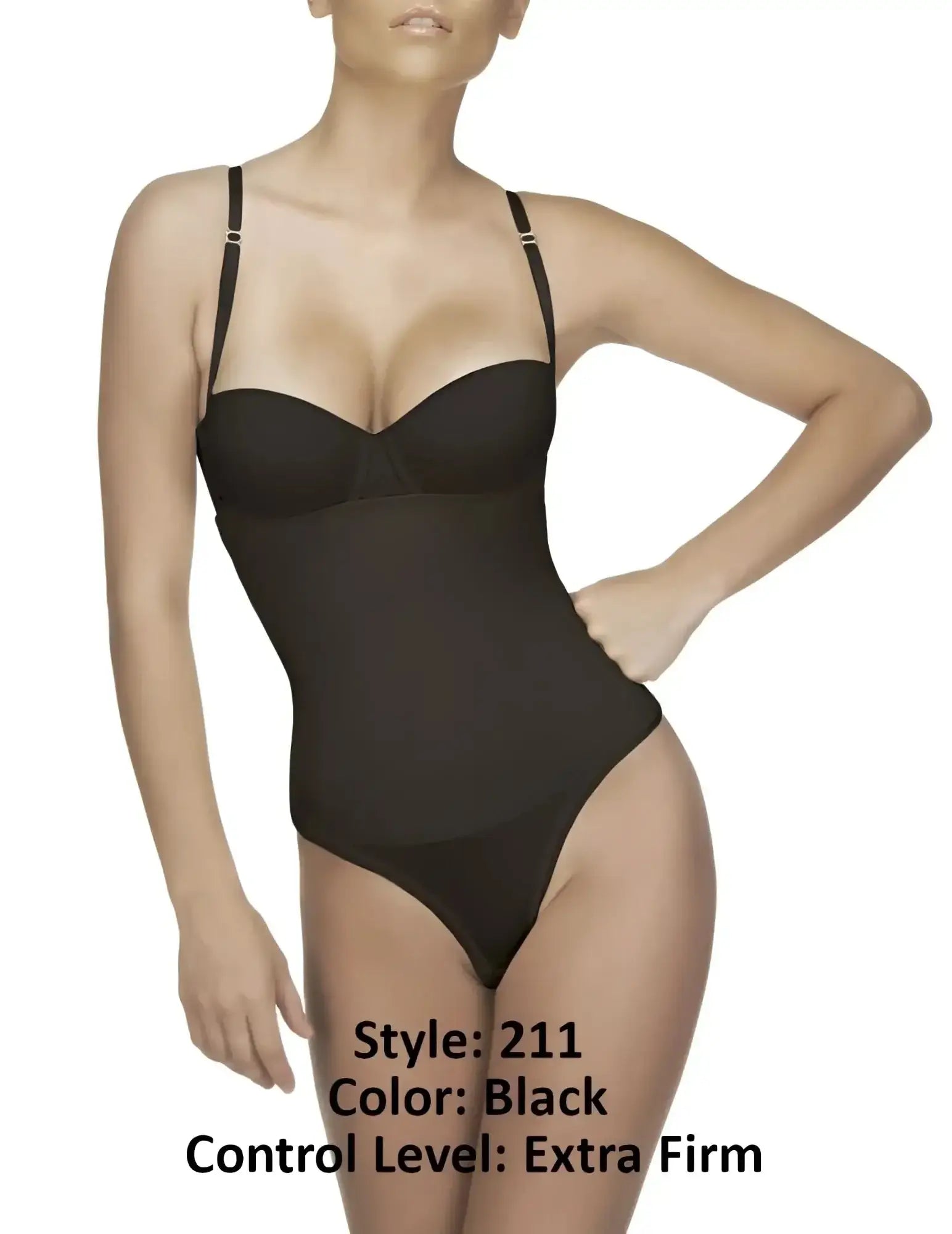 Vedette 211 Nadine black extra firm control strapless thong bodysuit with thin straps and smooth fabric finish