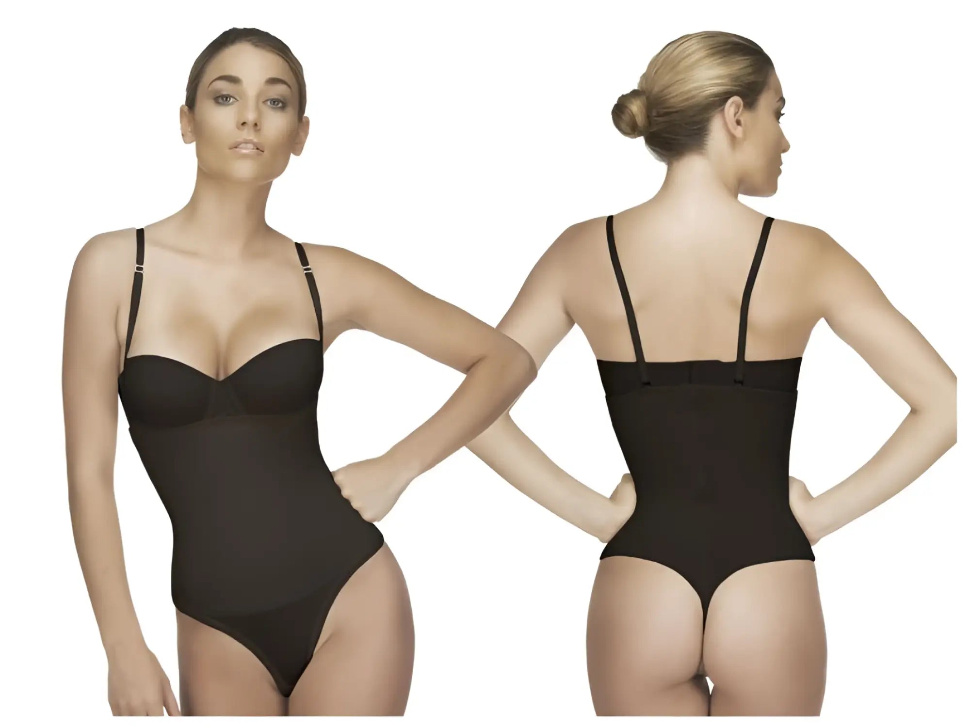 Black seamless Vedette 211 Nadine strapless bodycon bodysuit with thin shoulder straps and supportive back panel