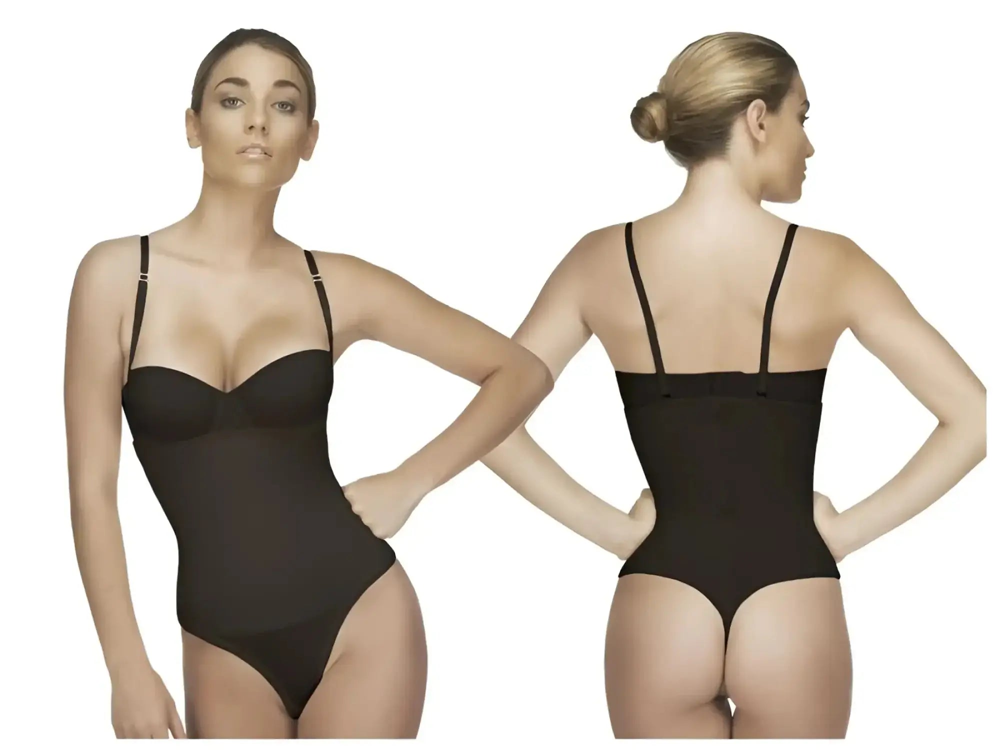 Black seamless Vedette 211 Nadine strapless bodycon bodysuit with thin shoulder straps and supportive back panel
