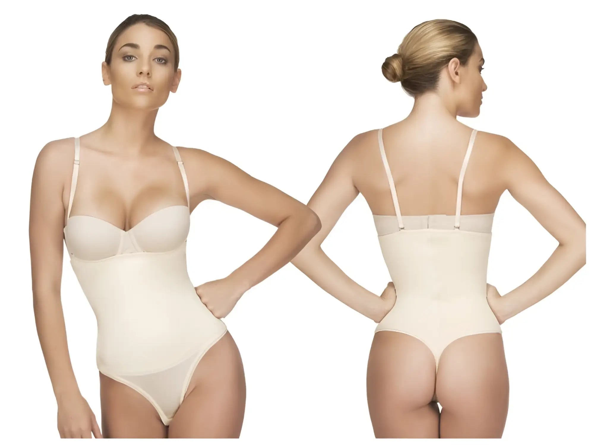 Beige vedette 211 nadine seamless body shaper with thin straps and smooth form fitting design in nude thong color