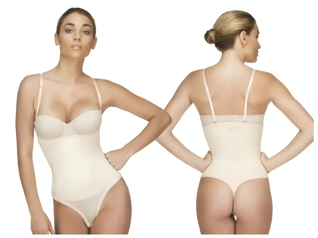 Beige vedette 211 nadine seamless body shaper with thin straps and smooth form fitting design in nude thong color