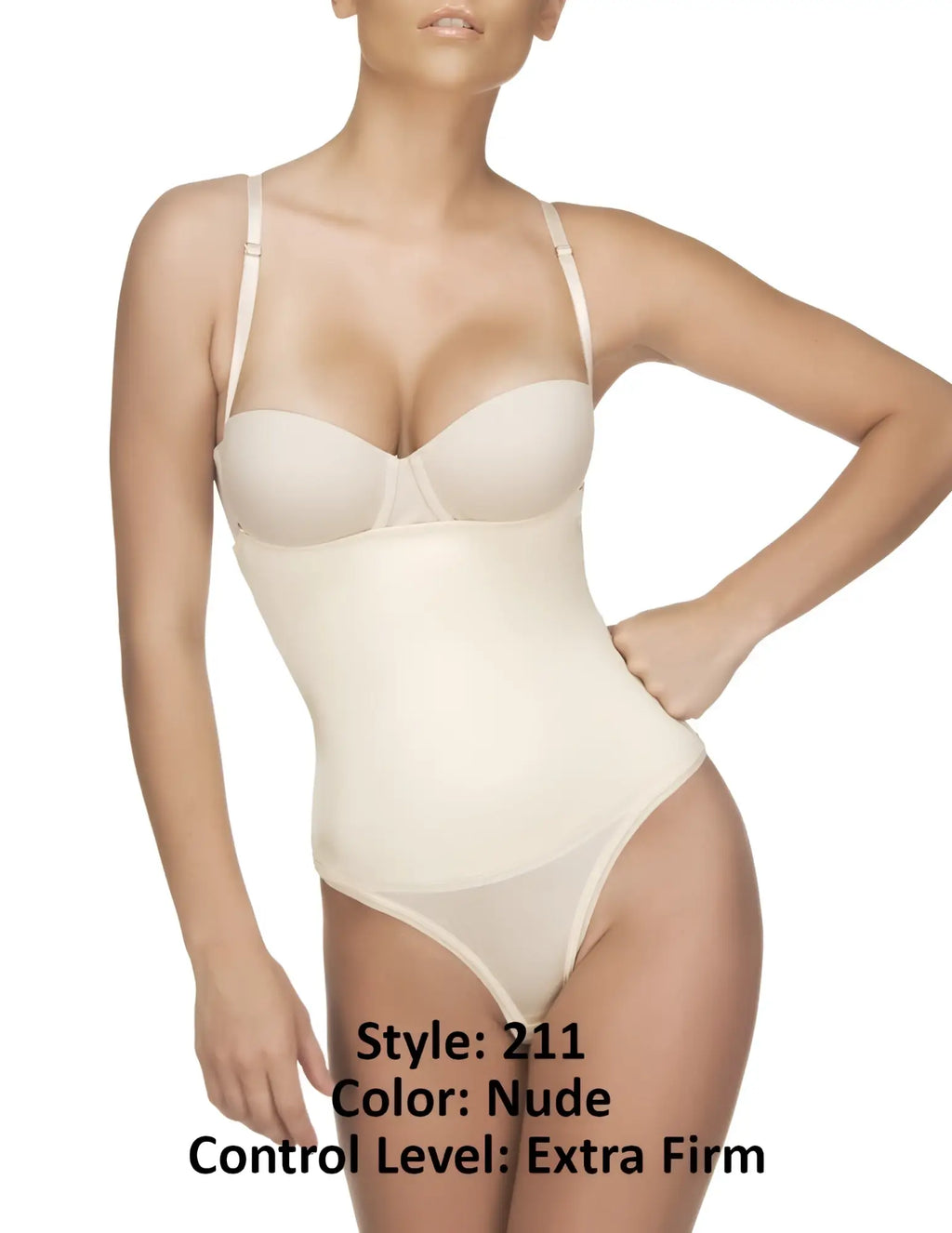 Nude-colored vedette 211 nadine strapless bodysuit with extra-firm support thin straps seamless design