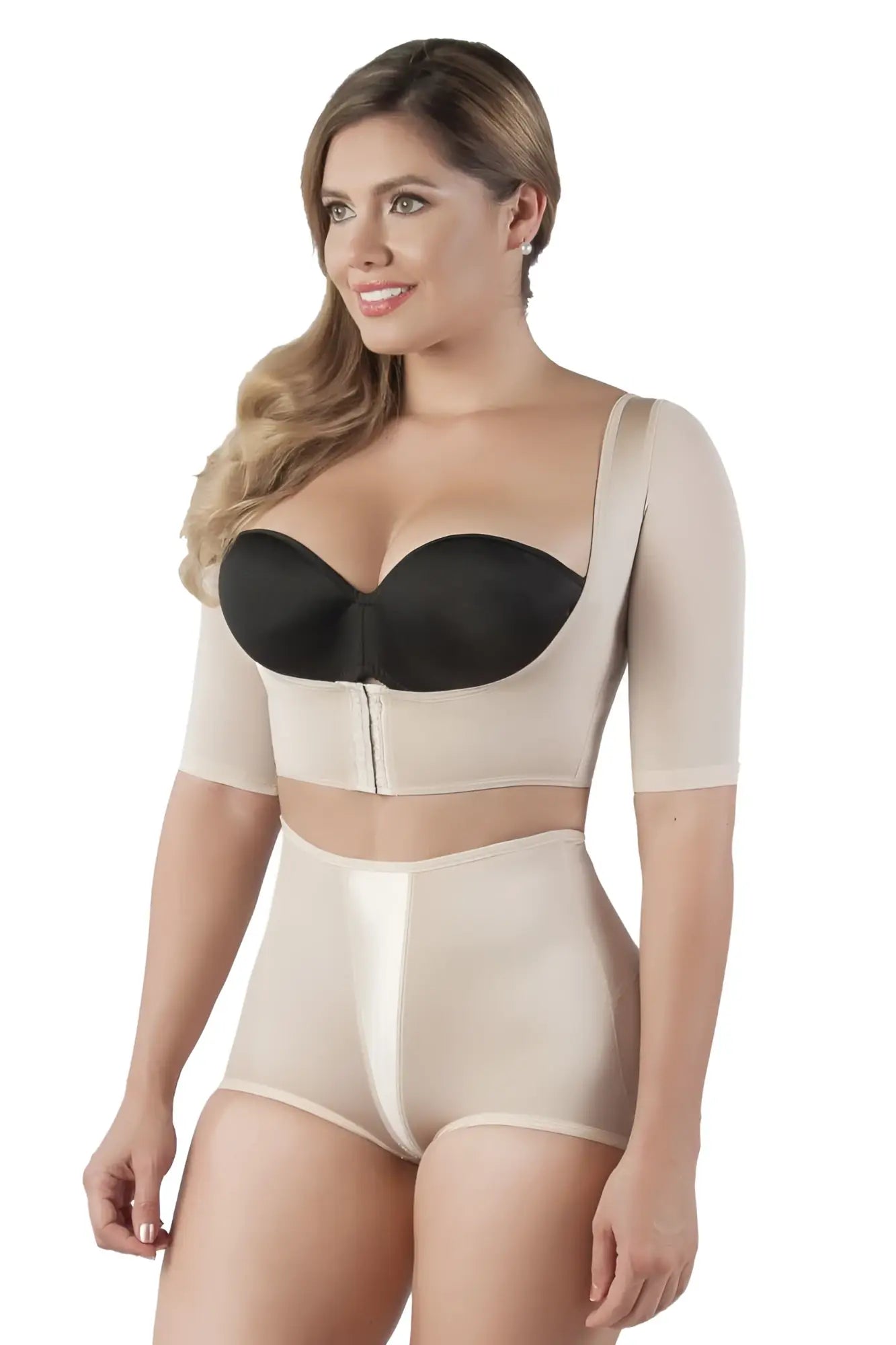 Beige and black vedette 3133 arm compression vest with short sleeves front zipper and high-waisted shorts shapewear set