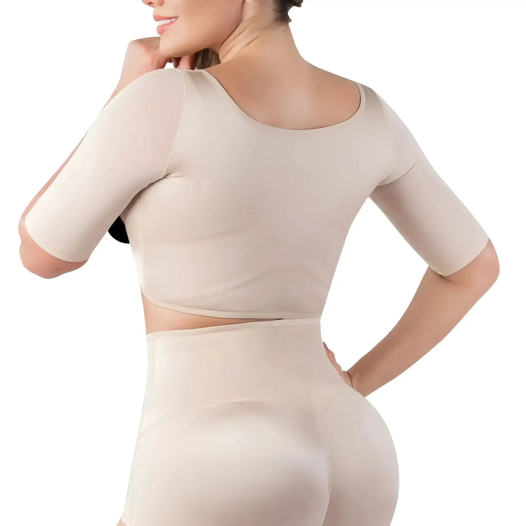 Beige two-piece shapewear set vedette 3133 arm compression vest with short sleeves and high-waisted shorts
