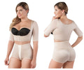 Beige vedette 3133 arm compression vest two-piece shapewear set with black bra cup and high-waisted shorts