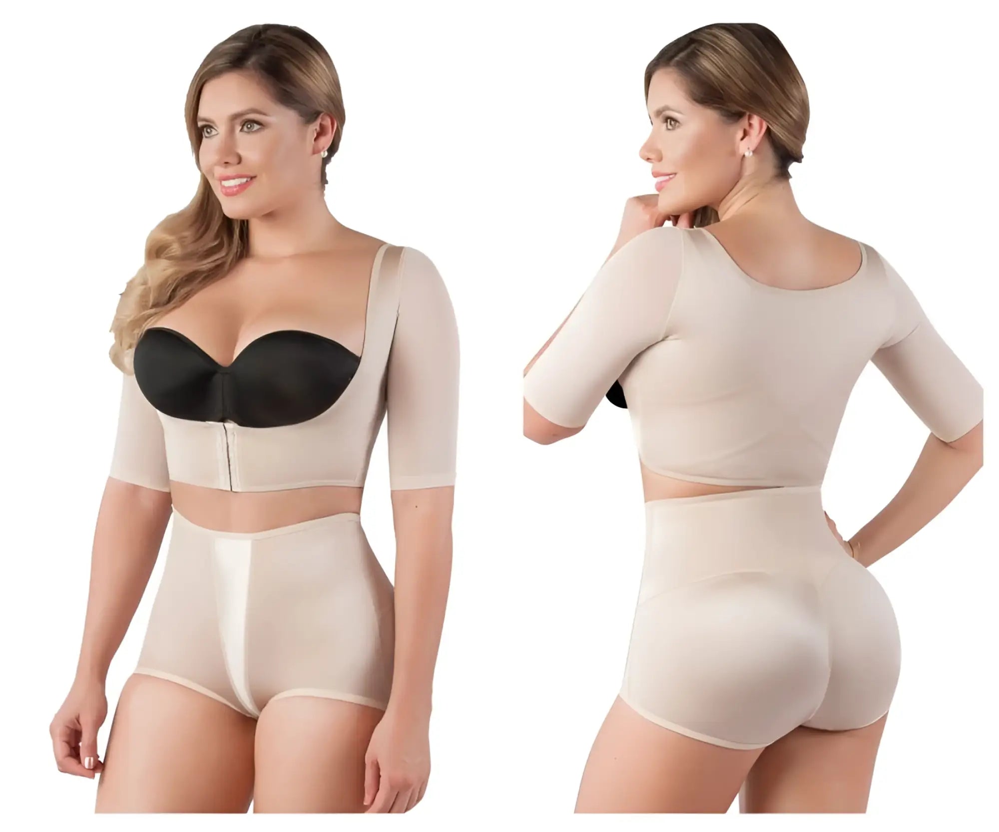 Beige vedette 3133 arm compression vest two-piece shapewear set with black bra cup and high-waisted shorts