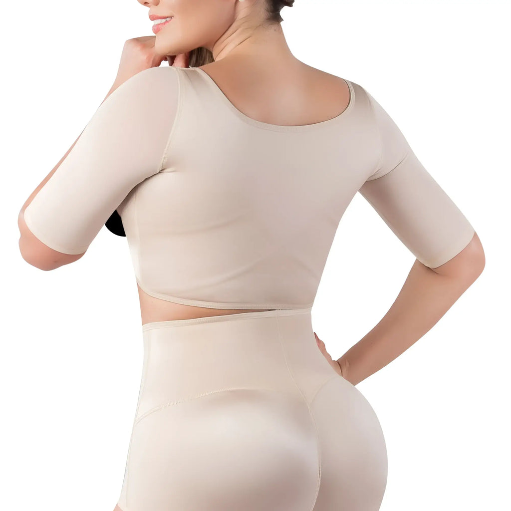 Beige two-piece shapewear set vedette 3133 arm compression vest with short sleeves and high-waisted shorts