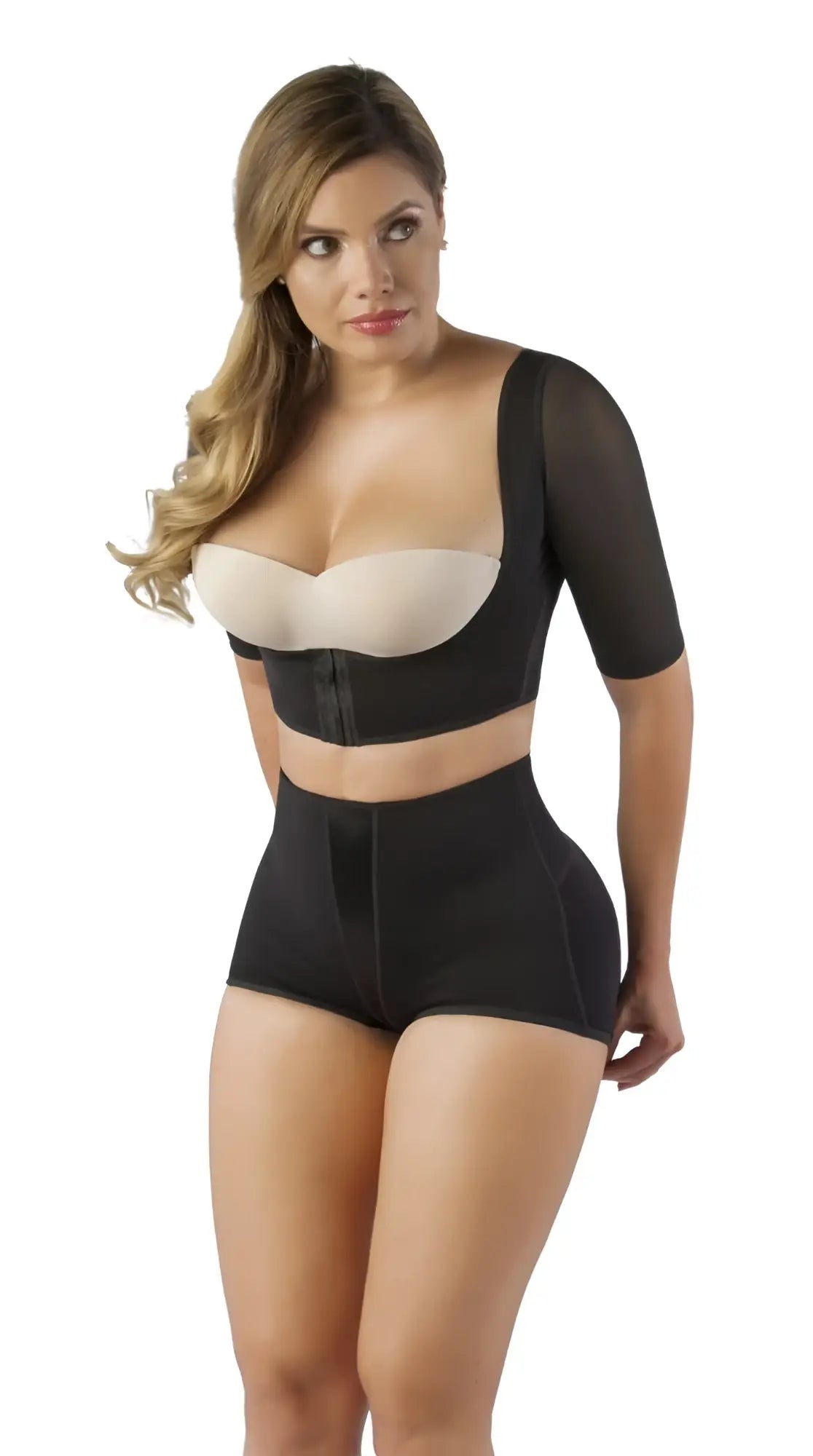 Black and beige Vedette 3133 arm compression vest with mesh sleeves and elastic waistband body shaper set