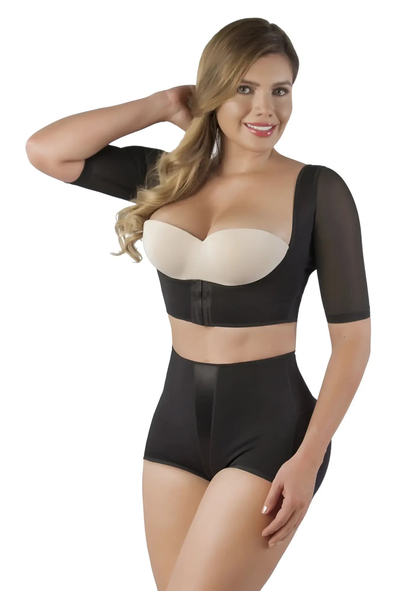 Vedette 3133 arm compression vest in black with beige two-piece body shaper set featuring mesh sleeves and central zipper