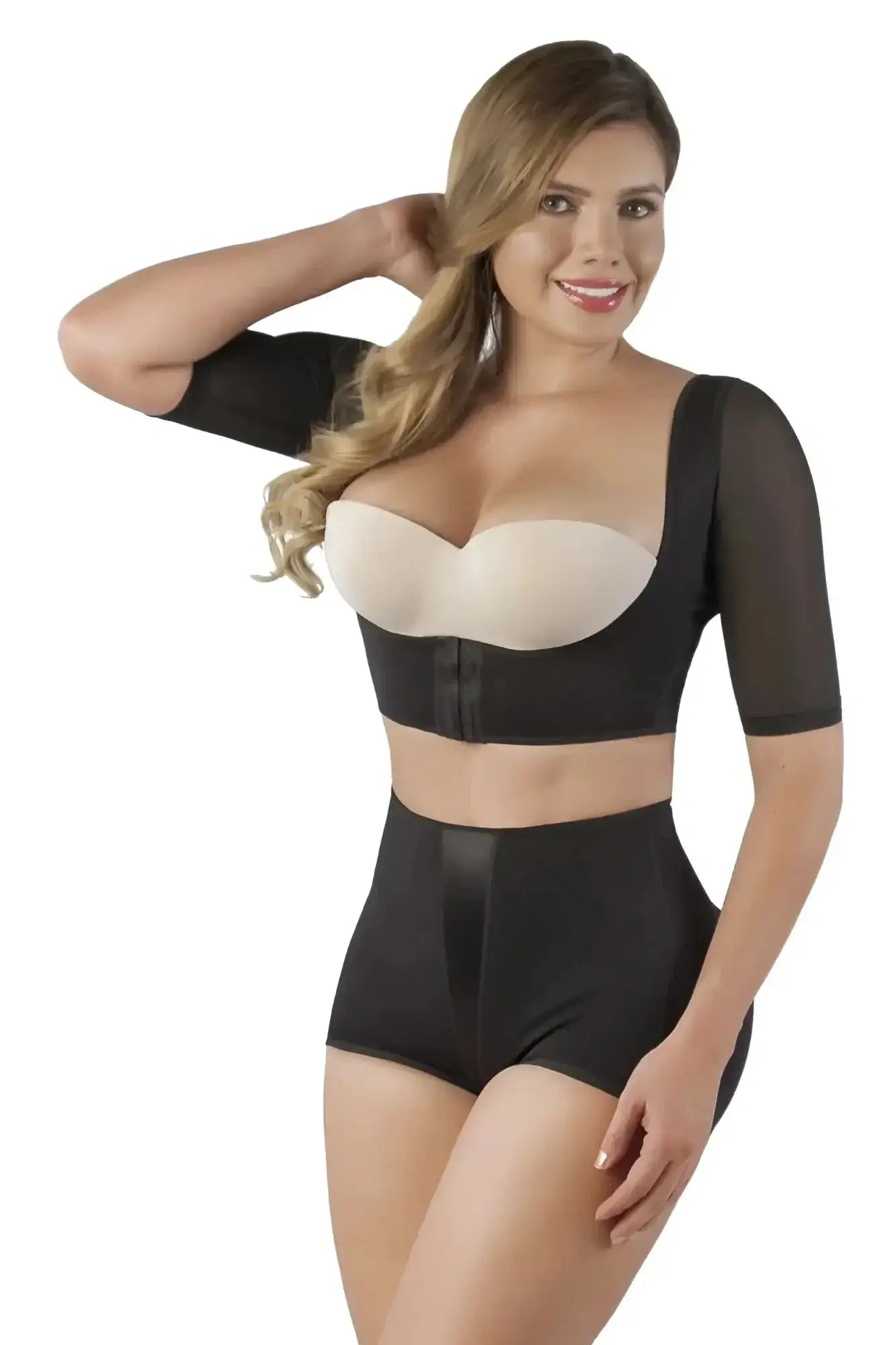 Vedette 3133 arm compression vest in black with beige two-piece body shaper set featuring mesh sleeves and central zipper