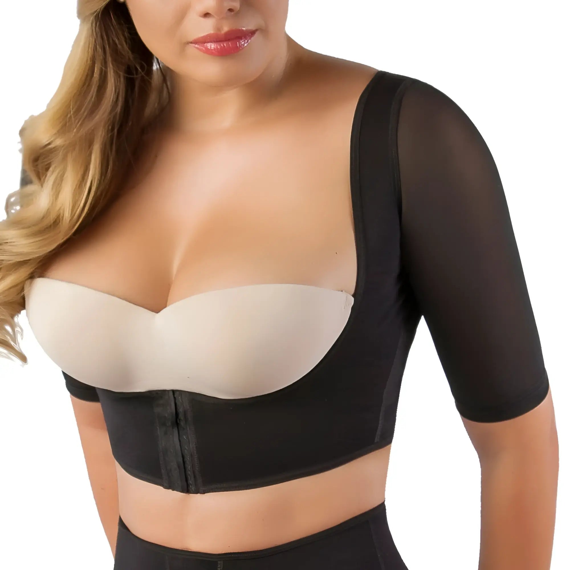 Vedette 3133 arm compression vest black mesh-sleeved underwire bra with central zipper and beige padded cups