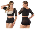 Black Vedette 3133 arm compression vest shapewear top with white underwire bra insert and matching high-waisted shorts