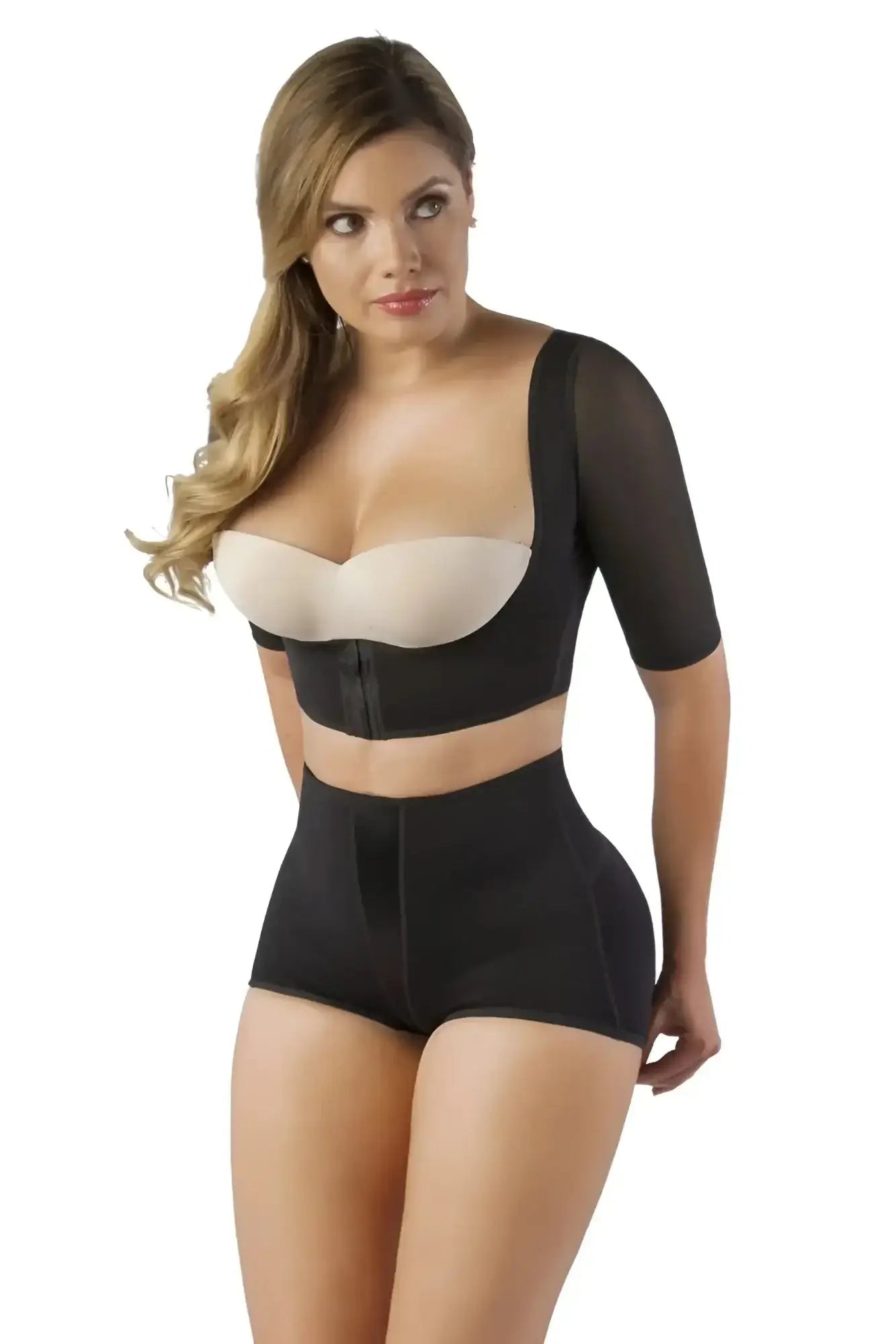 Black Vedette 3133 arm compression vest shapewear set with beige underwire bra insert and three-quarter sleeves