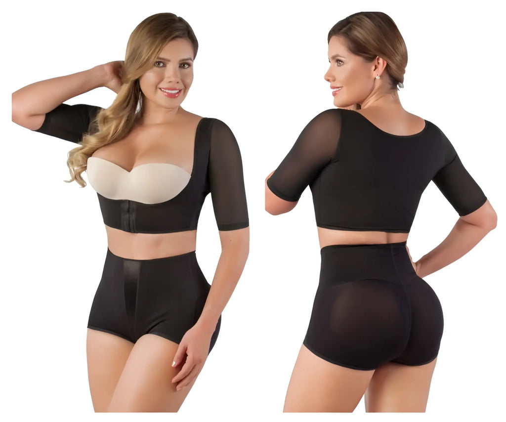 Black Vedette 3133 arm compression vest shapewear top with white underwire bra insert and matching high-waisted shorts