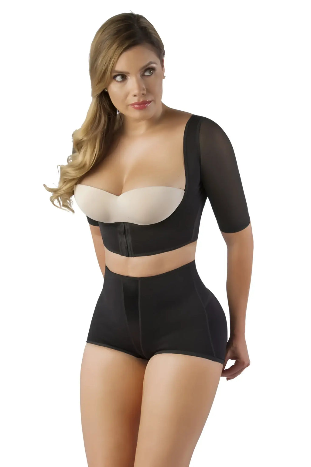 Black Vedette 3133 arm compression vest shapewear set with beige underwire bra insert and three-quarter sleeves