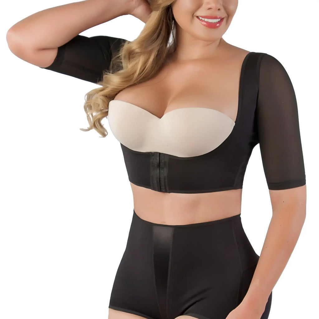 Black vedette 3133 arm compression vest with underwire bra sheer mesh sleeves and matching high waisted shapewear shorts