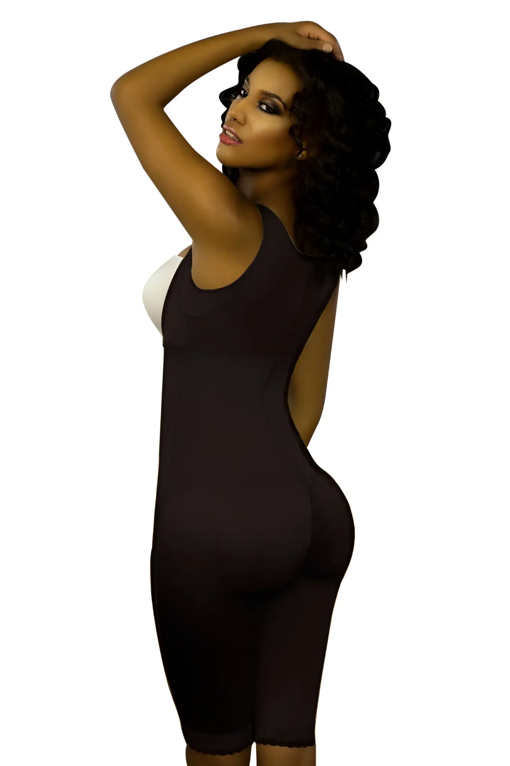 Black vedette 350 marcelle high back full body shaper with white underbust panel shown from the back side
