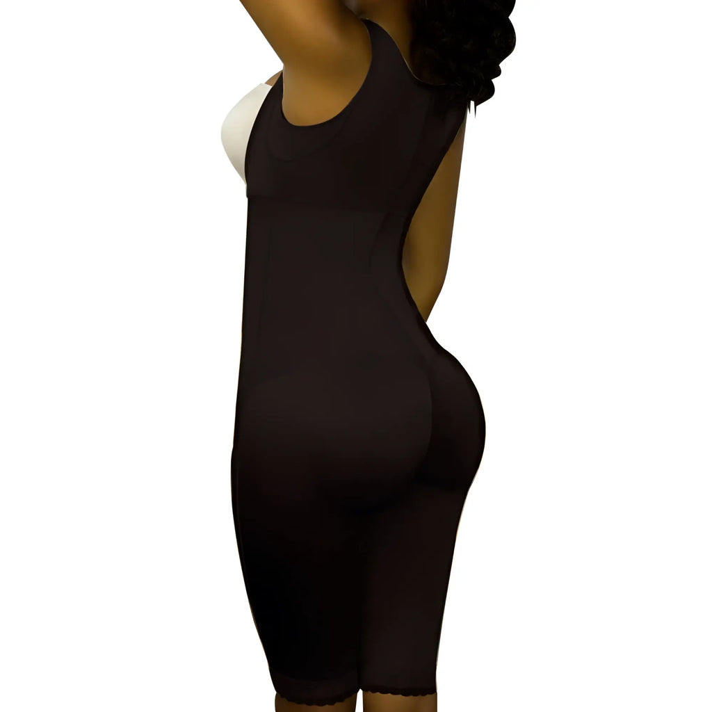 Black vedette 350 marcelle high back full body shaper with scalloped hem and racerback design shown from the back