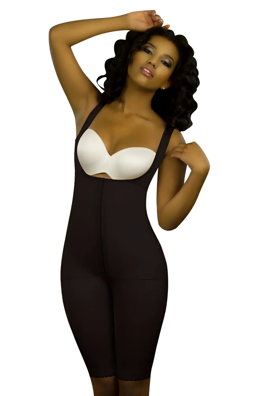 Black Vedette 350 Marcelle high back full body shaper with white underwire bra insert in shapewear fabric