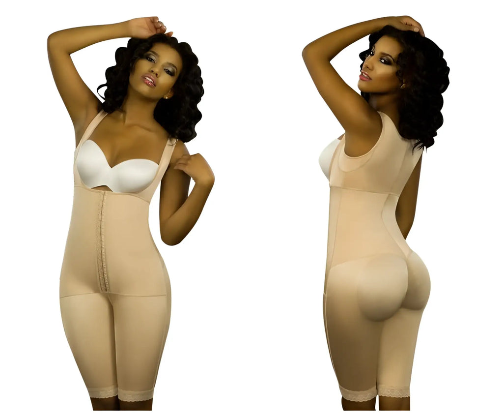 Beige nude vedette 350 marcelle high back full body shaper with front zipper and lace trim at the hem