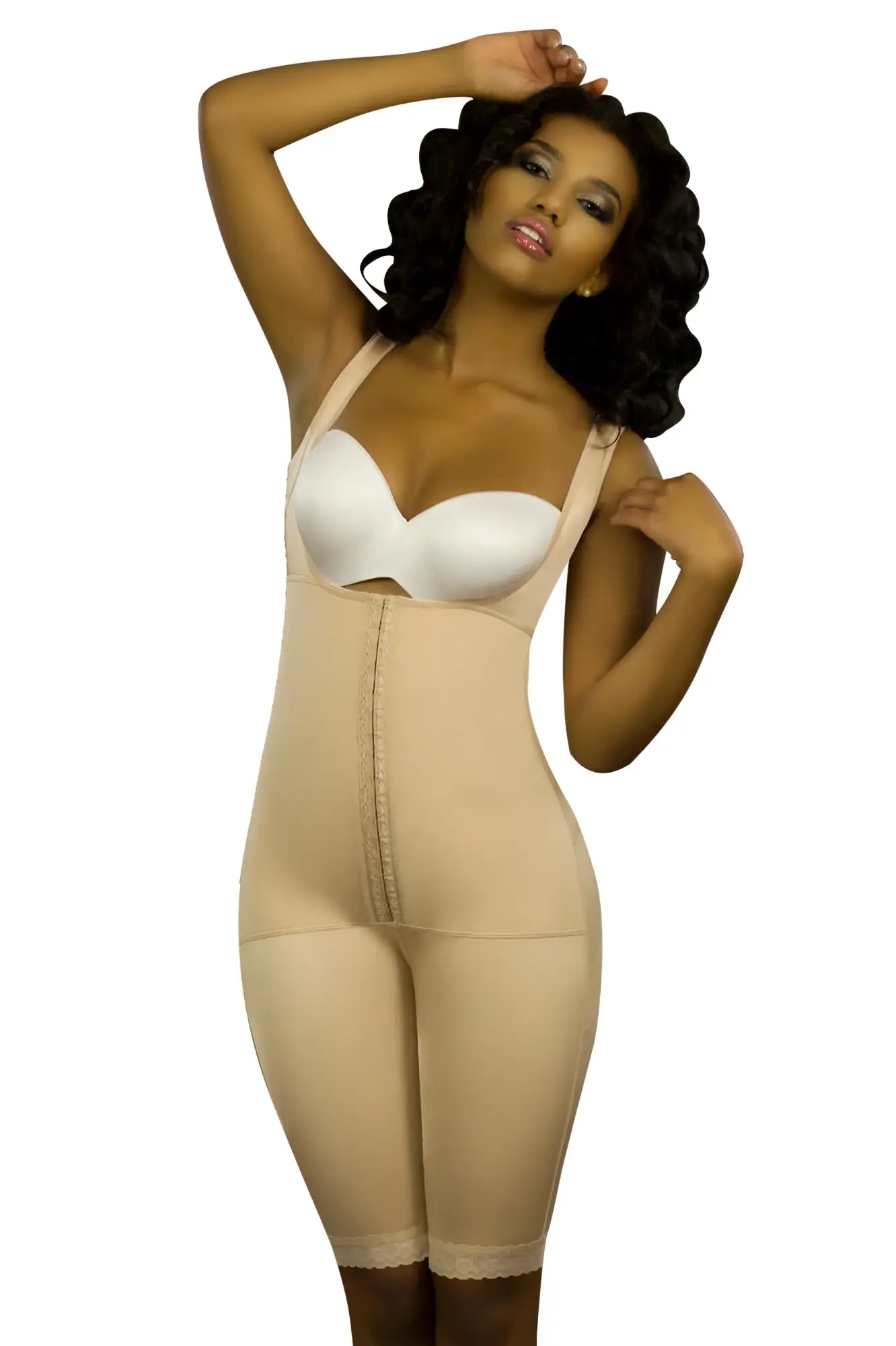 Beige body-shaping bodysuit with a white bra insert and lace trim at the hem.