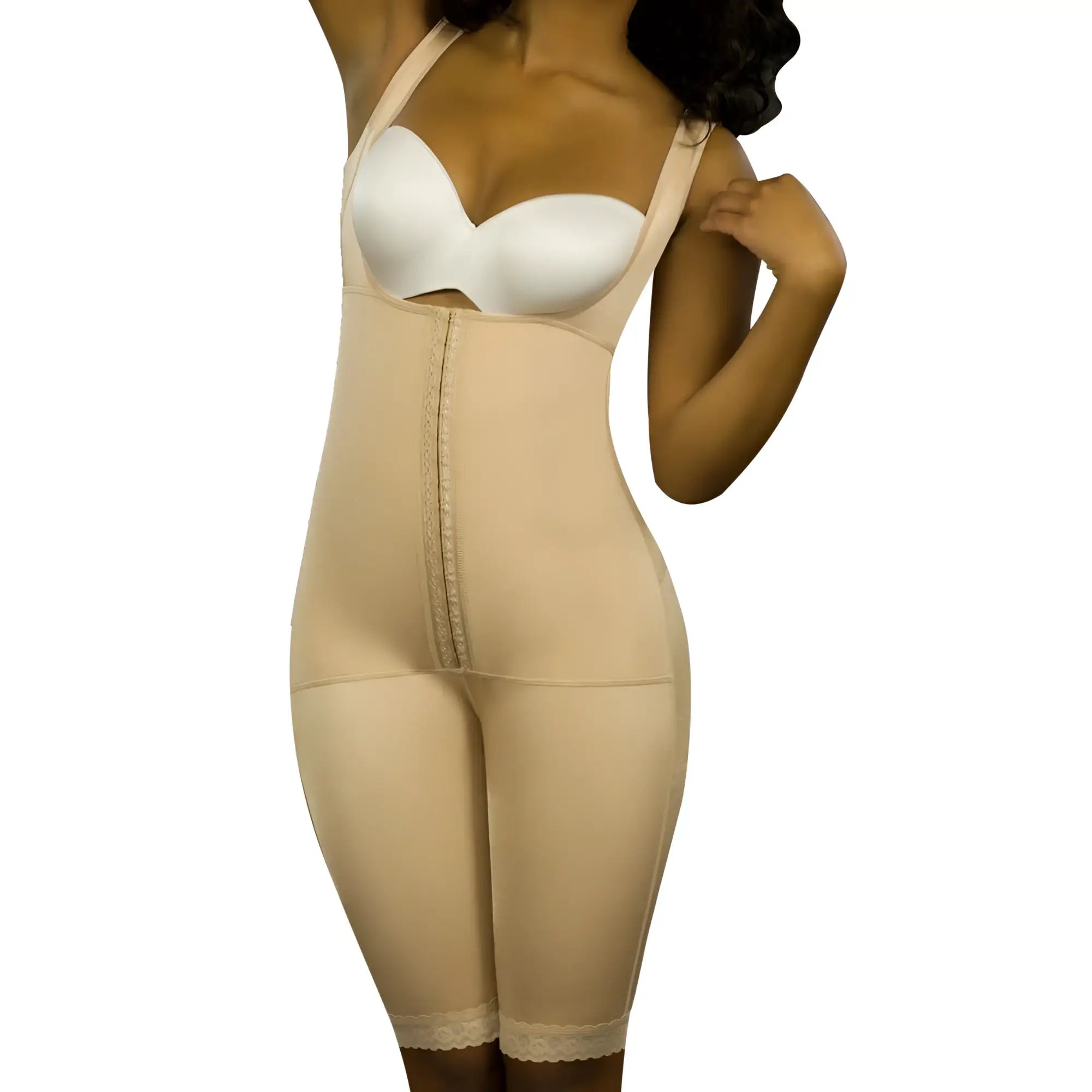 Vedette 350 Marcelle high back nude body shaper with front zipper and lace trim waistband in beige material
