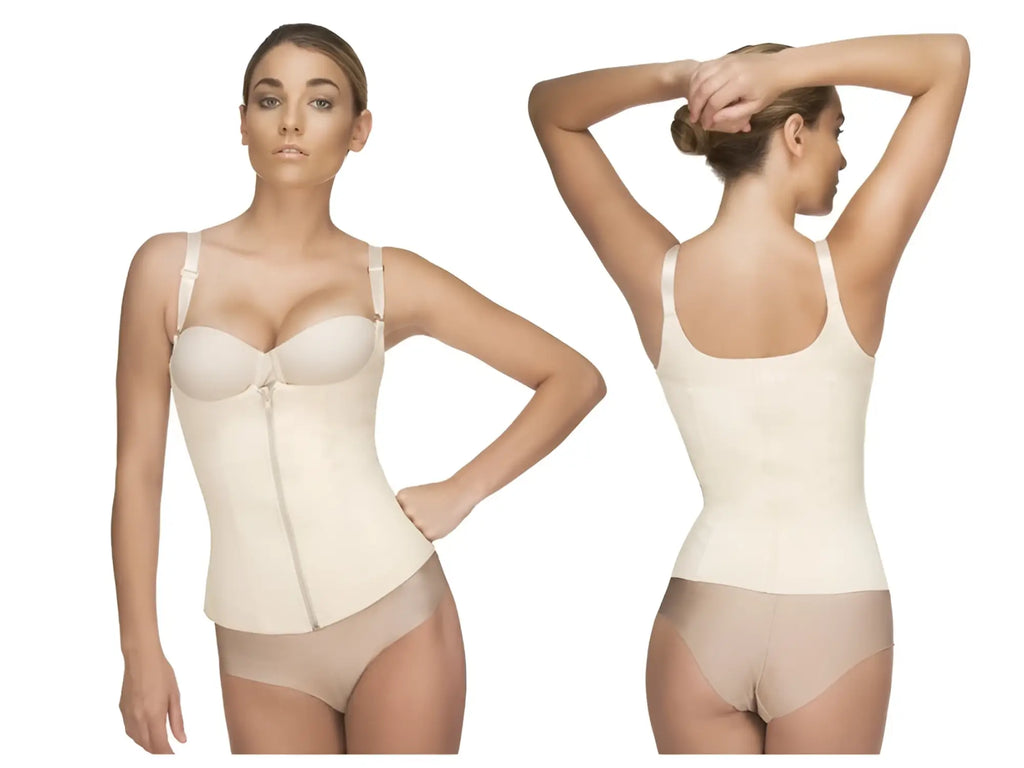 Beige Vedette 400 Felice underbust waist cincher with underwire, adjustable straps, and front zipper in nude color