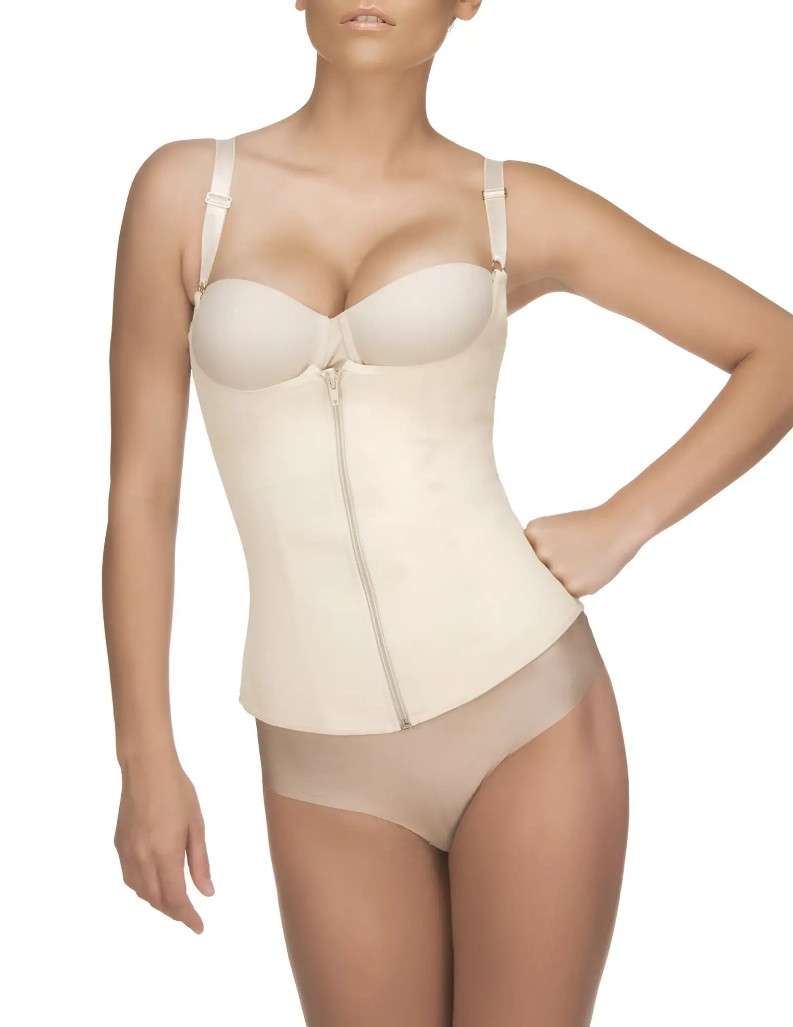 Beige vedette 400 felice underbust waist cincher with underwire, adjustable straps, and front zipper in nude color