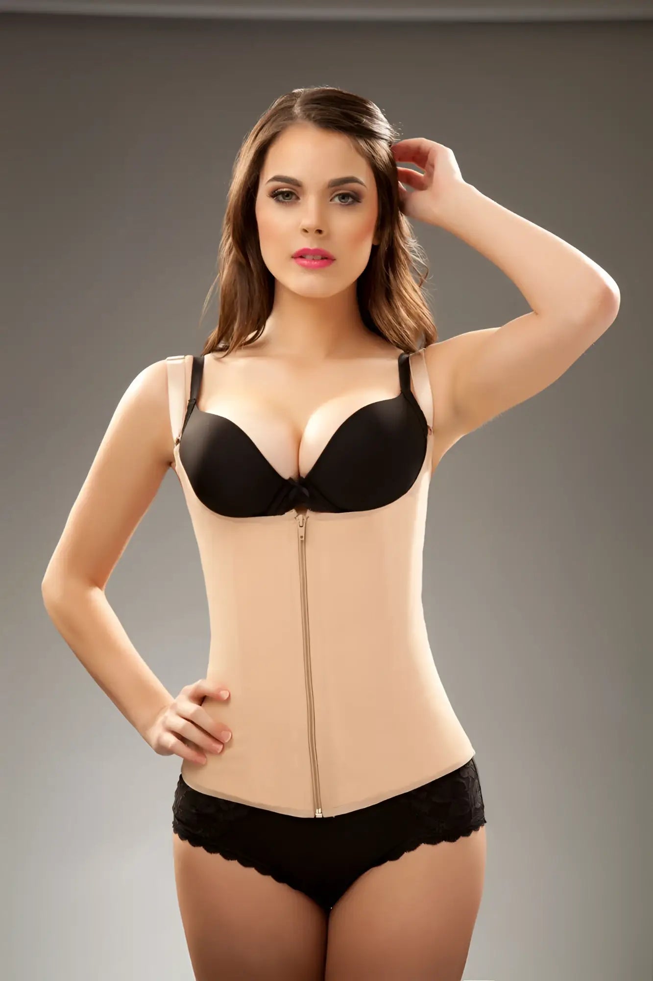 Black and beige Vedette 400 Felice underbust waist cincher with central zipper and lace trim in nude color