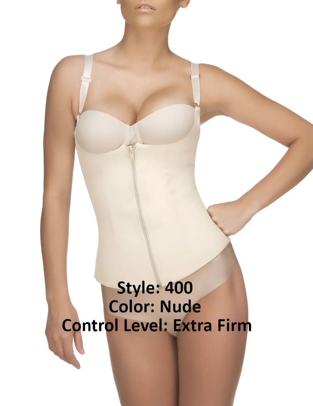 Nude-colored extra-firm Vedette 400 Felice underbust waist cincher with thin straps and front zipper for body shaping